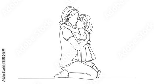 Single continuous line art of a mother embracing her child in a moment of love and connection 5