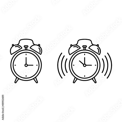 Two alarm clocks one ringing a simple illustration in black and white