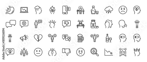 Mental health line icon set. Vector pictograms of stress, burnout, depression, addiction, anger, sadness, frustration, and emotional problems, thin linear illustration.
