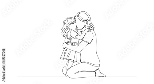 A beautiful continuous single line art drawing depicting a mother and child sharing a tender hug, symbolizing family love and connection, perfect for minimalist designs