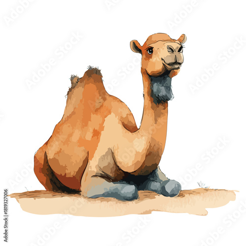 Cute Cartoon Dromedary Camel Resting on Sand Illustration.