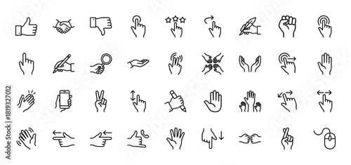 Human interaction line icon set. Vector pictograms of hands showing gestures for tapping, swiping, writing, pointing, holding, and social communication, thin linear illustration.