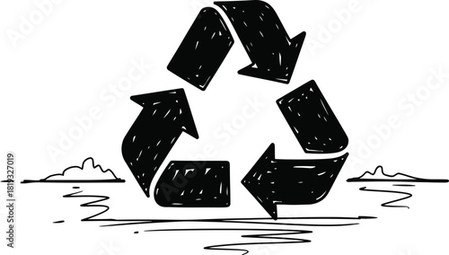 Doodle recycle arrows icon, hand-drawn solid black on white, with slightly broken lines, simple environment sketch