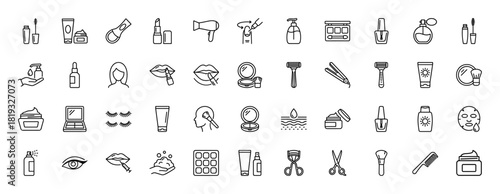 Beauty and cosmetics line icon set. Vector pictograms of lipstick, mascara, perfume, skincare cream, razor, nail polish, and hair dryer, thin linear illustration.