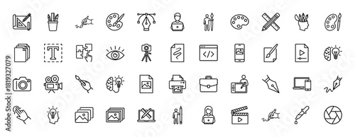 Design and creative process line icon set. Vector pictograms of paint palette, brush, pen tool, camera, laptop, brainstorm, coding, documents, and video production, thin linear illustration.