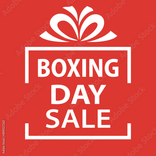 A graphic illustration announces a Boxing Day sale with a gift box icon and bold white text on a red background, symbolizing holiday shopping and discounts.