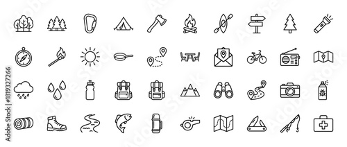 Outdoor adventure line icon set. Vector pictograms of campfire, tent, kayak, axe, compass, flashlight, backpack, camera, and map, thin linear illustration.