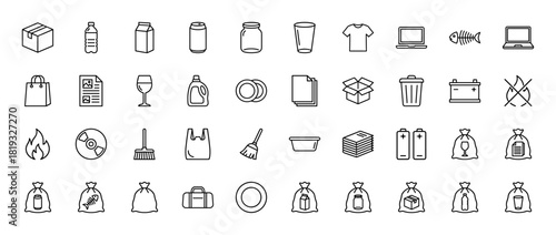 Recycling and waste management line icon set. Vector pictograms of bottles, cans, cartons, electronics, paper, and sorted trash, thin linear illustration.
