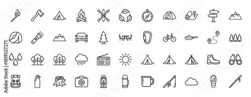 Outdoor adventure line icon set. Vector pictograms of campfire, tents, kayak, compass, mountains, bicycle, and backpack, thin linear illustration.