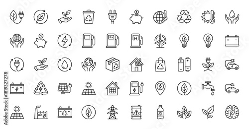 Ecology and environment line icon set. Vector pictograms of recycling, solar panels, electric cars, wind turbines, light bulbs, plants, earth, and batteries, thin linear illustration.