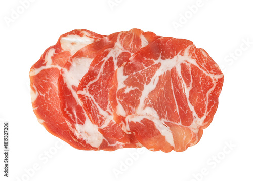 Sliced raw pork meat for charcuterie with transparent background
