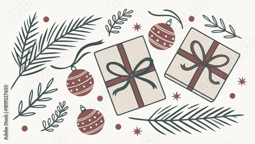 Christmas Gift Arrangement Flat Vector Top View