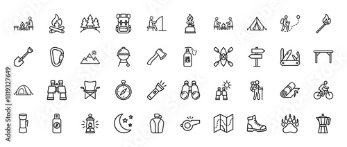 Outdoor activities line icon set. Vector pictograms of campfire, tent, backpack, fishing, hiking, compass, binoculars, map, lantern, boot, thin linear illustration.