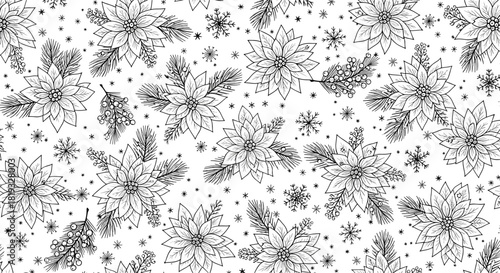 Elegant hand-drawn seamless pattern with festive poinsettias, pine branches, holly berries, and snowflakes, ideal for winter holiday designs and coloring pages.