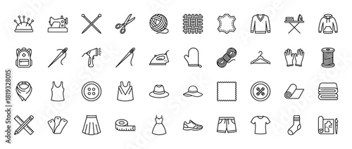 Fashion and sewing line icon set. Vector pictograms of a sewing machine, yarn, scissors, sweater, ironing board, iron, dress, measuring tape, shirt, and zipper, thin linear illustration.