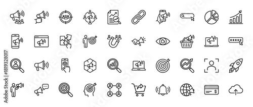 Digital marketing line icon set. Vector pictograms of megaphone, target, analytics, search, social media, e-commerce, networking, and strategy, thin linear illustration.