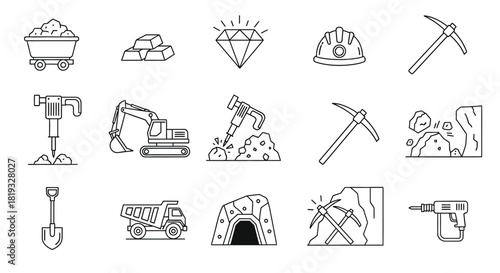 Vector illustration of mining industry icons set, vector illustration