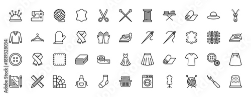 Sewing, fashion, and laundry line icon set. Vector pictograms of sewing machine, scissors, fabric, clothing, needles, buttons, iron, and washing machine, thin linear illustration.