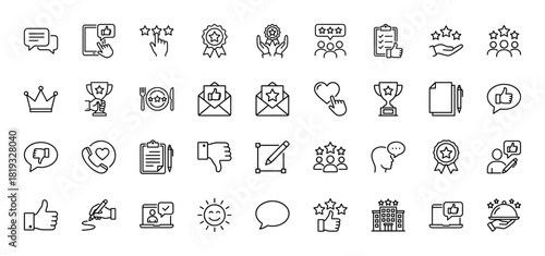 Customer feedback line icon set. Vector pictograms of star ratings, thumbs up, review checklists, award trophies, and customer satisfaction, thin linear illustration.