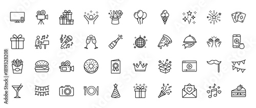 Celebration line icon set. Vector pictograms of gifts, balloons, cakes, champagne, microphones, pizza, hats, cameras, and music, thin linear illustration.