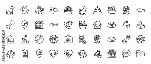 Pet care line icon set. Vector pictograms of dog, cat, paw print, pet shop, bone, medicine, bath, food bowl, carrier, and veterinary supplies, thin linear illustration.