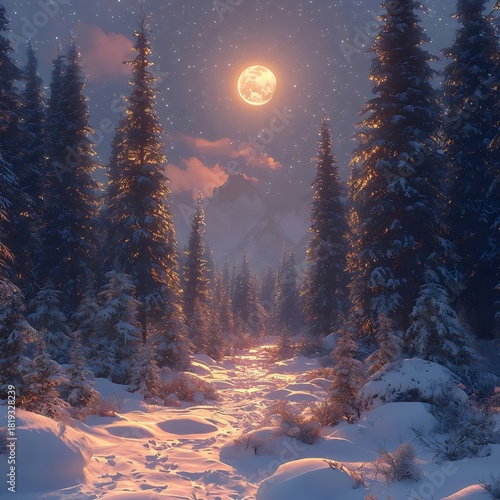 A serene winter landscape at night featuring a glowing full moon casting light on a snowy path through tall evergreen trees, creating a peaceful and magical atmosphere.
