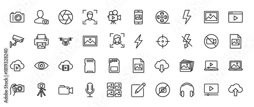 Digital media and content creation line icon set. Vector pictograms of camera, video recorder, drone, smartphone, storage, cloud, editing, user, and communication tools, thin linear illustration.