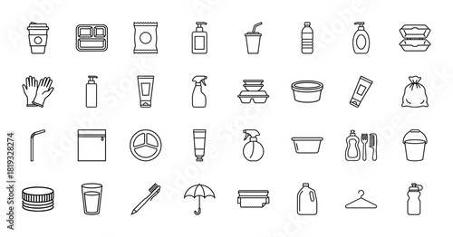 Household and daily items line icon set. Vector pictograms of food containers, water bottle, soap dispenser, gloves, plastic cups, spray bottles, and bucket, thin linear illustration.