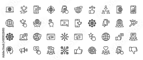 Digital marketing and social media line icon set. Vector pictograms of smartphones, globes, thumbs, bells, analytics, networks, megaphones, chat bubbles, stars, and people, thin linear illustration.