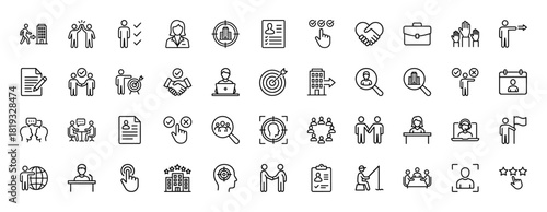 Human resources line icon set. Vector pictograms of candidate profile, target building, resume, handshake, team meeting, recruitment search, and business goals, thin linear illustration.