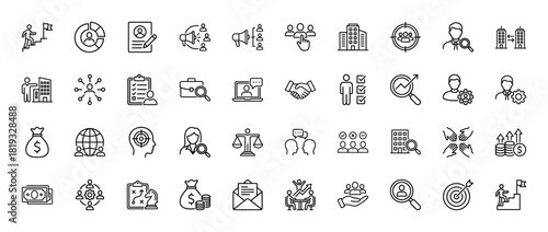 Business and human resources line icon set. Vector pictograms of megaphone, team, resume, building, briefcase, money bag, handshake, growth, and strategy, thin linear illustration.