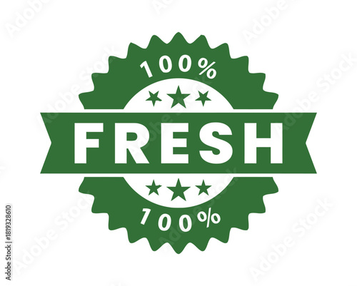 A green circular seal with "100% FRESH" written in white text, featuring stars and a serrated edge, symbolizing quality and natural ingredients.