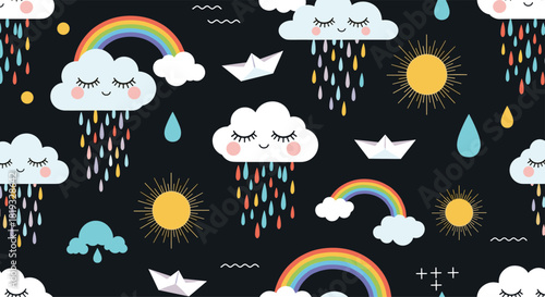 Adorable seamless pattern of cartoon clouds, rainbows, suns, and paper boats with colorful raindrops on a dark night sky.