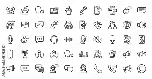 Communication line icon set. Vector pictograms of microphone, phone, chat, speaker, megaphone, headphones, laptop, speech, and conversation, thin linear illustration.