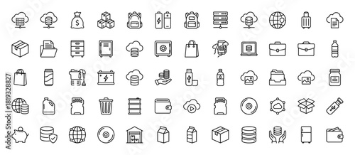 Data, business, and storage line icon set. Vector pictograms of servers, cloud, backpack, money bag, battery, briefcase, safe, and wallet, thin linear illustration.