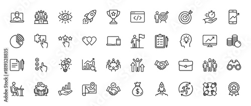 Business line icon set. Vector pictograms of rocket, target, trophy, chart, money, handshake, laptop, people, stopwatch, idea, document, binoculars, medal, clipboard, thin linear illustration.