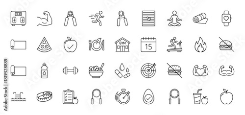 Fitness and health line icon set. Vector pictograms of bicep, weight scale, runner, yoga, gym, dumbbell, apple, salad, stopwatch, water bottle, thin linear illustration.