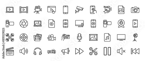 Multimedia production and digital device line icon set. Vector pictograms of cameras, smartphones, drones, monitors, microphones, and media control buttons, thin linear illustration.