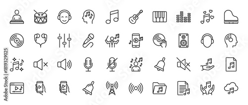 Music and audio line icon set. Vector pictograms of instruments, headphones, microphones, notes, volume, and media players, thin linear illustration.