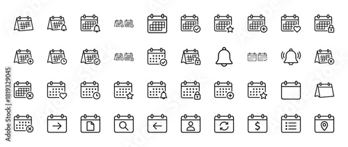 Calendar line icon set. Vector pictograms of dates, appointments, reminders, events, schedules, deadlines, users, locations, and financial planning, thin linear illustration.