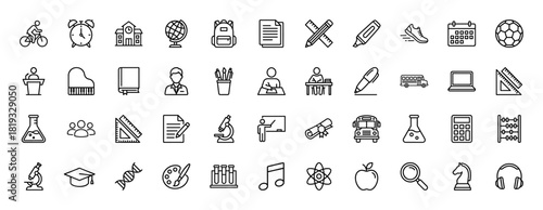 Education line icon set. Vector pictograms of school, backpack, globe, book, student, calculator, microscope, diploma, and calendar, thin linear illustration.