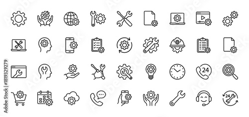 Configuration, maintenance, and service line icon set. Thin line vector icons depicting technical support, IT tools, devices, and essential service elements.