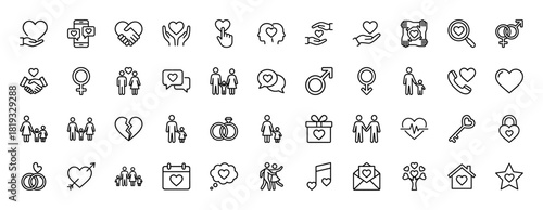 Love and relationship line icon set. Vector pictograms of couples, families, hearts, wedding rings, gifts, and romantic symbols, thin linear illustration.