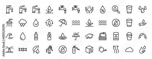 Water resource and conservation line icon set. Vector pictograms of faucets, drops, shower, cloud, glass, bottle, waves, umbrella, and hose, thin linear illustration.