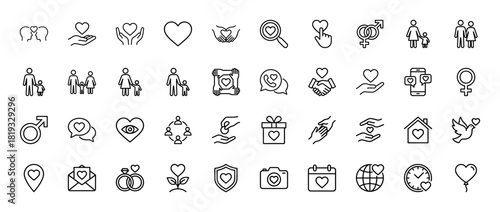 Love line icon set. Vector pictograms of hearts, family, relationships, gifts, social interaction, and care, thin linear illustration.