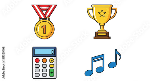 Vector illustration of collection of school supplies, including trophy