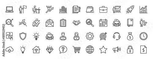 Business and startup line icon set. Vector pictograms of office, finance, strategy, marketing, technology, and analytics, thin linear illustration.