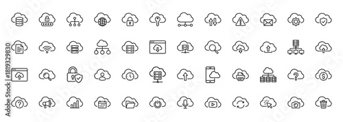 Cloud computing line icon set. Vector pictograms of data storage, security, networking, uploads, downloads, servers, and mobile access, thin linear illustration.