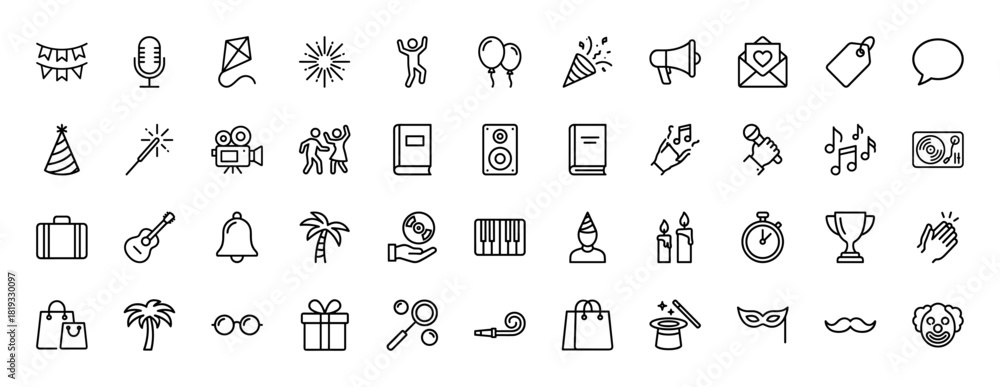 Obraz premium Party, celebration, and entertainment line icon set. Vector pictograms of party popper, balloons, music notes, dancing, gifts, masks, fireworks, and instruments, thin linear illustration.