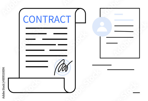 Rolled paper contract with signature and Contract text alongside a user profile document icon. Ideal for legal processes, business agreements, digital identity, documentation, compliance